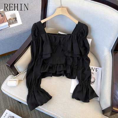 REHIN เสื้อสตรีสไตล์ฝรั่งเศสแบบใหม่,เสื้อการออกแบบที่ไม่เหมือนใคร Kemeja Hitam คอสี่เหลี่ยมขอบใบบัวแบบอ่อนโยนสำหรับฤดูใบไม้ร่วง