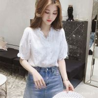 COD DDDGRYTRY Women short Sleeve Shirts Thin Casual Fashion Loose Shirt Tops Womens blouse Summer All-match Immortal TopVWomens White Embroidered Jacquard Cotton-Spun Lace Shirt Oversized