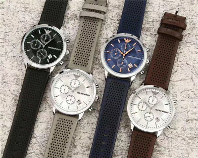 Armanis นาฬิกาลำลองธุรกิจสำหรับผู้ชาย,นาฬิกาข้อมือสายหนังแฟชั่นของแท้มีไฟนาฬิกาควอตซ์สามหน้าปัดสีเงิน