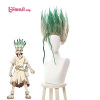 Effort49frth1tjy L-Email วิกผมสังเคราะห์ Anime Dr. Stone: New World Ishigami Senkuu วิกผมคอสเพลย์สั้นๆผสมวิกผมสีเขียววิกผมทนความร้อน