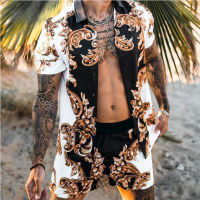 Mens Hawaiian Print Lapel Short Sleeve Shirt Set 2021 Summer Mens Fashion Beach Print Quick-drying Shorts Set Two-piece S-3XL