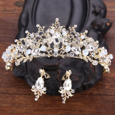 Amart Handmade Gold Tiaras สำหรับงานแต่งงานคริสตัลสีชมพูเจ้าสาว Headpiece เจ้าสาวอุปกรณ์เสริมผมเครื่องประดับ Tiaras ชุดสำหรับเจ้าสาว