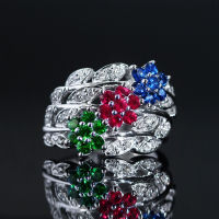 Ruby Sapphire Tsavorite Diamond Ring แหวนเพชรแท้น้ำ96-97 ประดับทับทิม(สีแดง เลือดนกพิราบ) แซฟไฟร์(น้ำเงินสด) และซาโวไรท์(เขียวสด) และตัวเรือนเป็นทองขาว18k