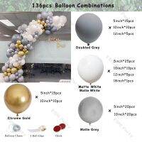 136pcs Doubled Grey Gold Balloons Garland Chain DIY Grand Event Decoration Matte Grey White Ballon Arch House Moving Decor