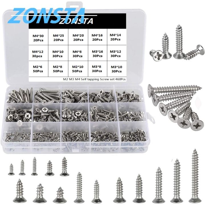 m2-m3-m4-460pcs-countersunk-flat-head-tapping-screws-set-304-stainless-steel-small-cross-recessed-wood-screw-assortment-kit