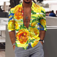 【YY】Autumn Fashion Men Shirts Oversized Yellow Shirts Casual Big Floral Print Long Sleeve Tops Mens Clothing Club Cardigan Blouses