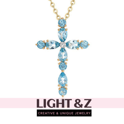 LIGHT &amp; Z ใหม่ 18K Gold Topaz Blue Gem Cross จี้ Clavicle สร้อยคอ