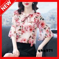 qkq971 WomenS Floral Chiffon Shirt, Summer Dress Temperament Trum Sleeve Small Shirt Top Female Foreign Style