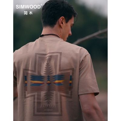 SIMWOOD เสื้อยืด2023 240G รุ่นใหม่สำหรับฤดูร้อน Lelaki Fesyen Bohemia Cetak 100 Kapas Tops Tees Besar Yang Selesa