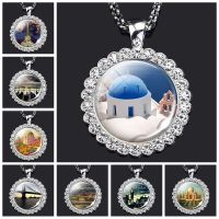 World Architecture Jewelry Brooklyn Bridge San Diego Eiffel Tower Santorini Greece Necklace Taj Mahal Rhinestone Pendant Gift