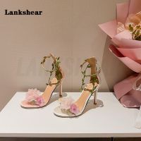 Women Pink Chiffon Flower High Heels Sandals One Word Rattan Strappy Sandals White Pink Ankle Strap Womens Wedding Shoes