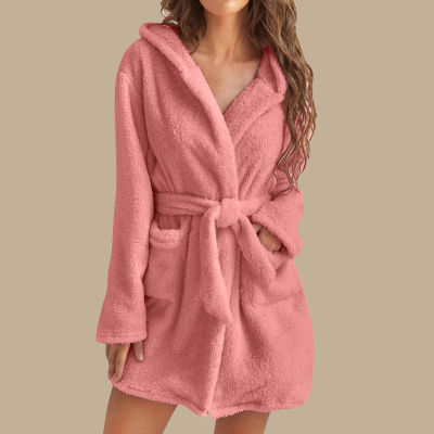 Fashion Womens Winter Hooded Solid Colors Plush Shawl Bathrobe Sleepweer Long Sleeved Warm Thick Bath Robe Coat Nightgown