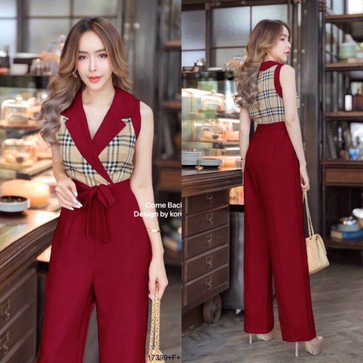 tw17399-jumpsuit-bbr-แขนกุดขายาว-ผูกโบว์เอว