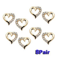 8 Pcs x 1 Pair Gold Plated Diamond Heart-Shaped Lovely Earrings Ear Stud + Keyring