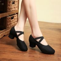 hot【DT】 SUN LISA Womens Ladys Girls Teachers Dancing Shoes Soft Pointe Ballet Jazz Canvas Chunky Heel