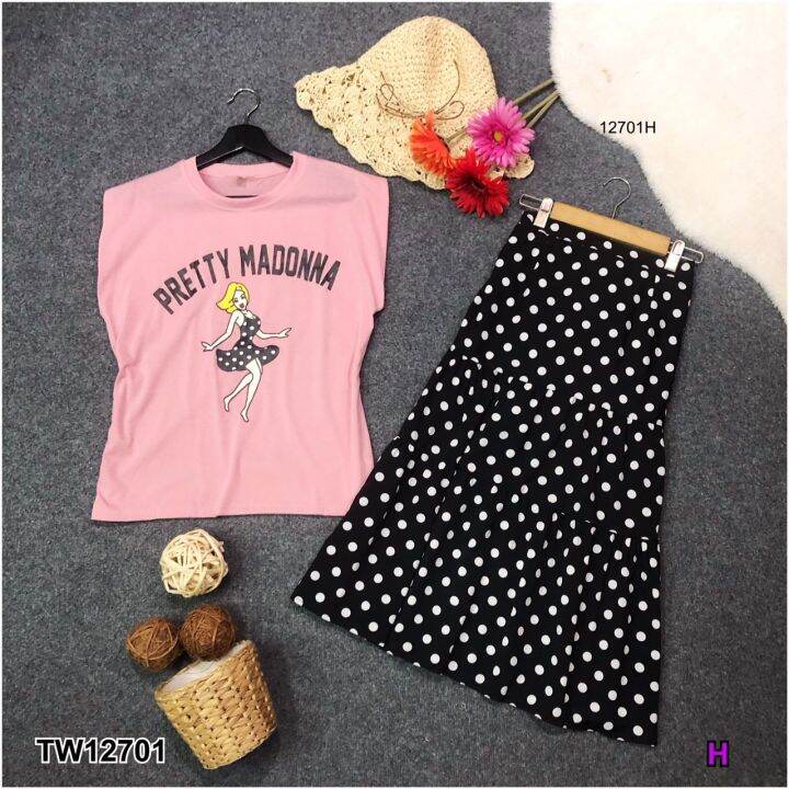 tw12701-set-2-ชิ้น-เสื้อ-madonna-กระโปรงลายจุด