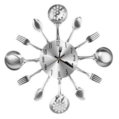 Metal Kitchen Cutlery Wall Clock 14 Inch with Fork Spoon 3D Non Ticking Quartz Watch Clock for Bedroom Home Decor