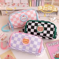 Checkerboard Large Capacity Pencil Case Kawaii Bear Canvas Pencil Bag School Box Pencils Pouch Stationery School Supplies