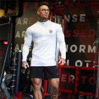 Sport Shirt Men Rashgard Zipper Neck Fitness Tshirt Running T Shirt Long Sleeve Quick Dry Sport Bodybuilding Gym Training Shirt