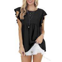 [COD] Cross-border 2022 Womens round neck solid stitching ruffled short-sleeved top fashion casual shirred T-shirt