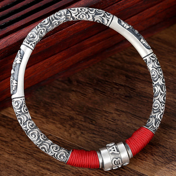 new-auspicious-cloud-six-character-mantra-silver-bracelet-female-vajra-red-string-bracelet-adjustable-opening-for-mens-jewelry