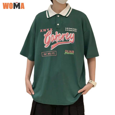 WOMA เสื้อวินเทจ แขนสั้นผู้ชายสไตล์เรโทร เสื้อคอปกชายหลวม เสื้อโปโลลำลอง