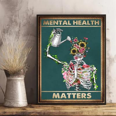 1pc Retro Canvas Painting Mental Health Matters Skeleton Watering Flower Skull Skeleton Poster Living Room Home Decor No Frame Wall Décor
