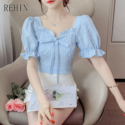 REHIN ผู้หญิงฤดูร้อนใหม่ภาษาฝรั่งเศสคำสแควร์คอสั้นแขนเสื้อ Bubble Sleeve เสื้อ Bow Tied Trend เสื้อ