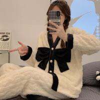 Autumn Winter Ladies Soft Flannel Loungewear Coral Fleece Thickened Pajamas Elastic Cuffs Cute Black Bow Fluffy Warm Sleepwear