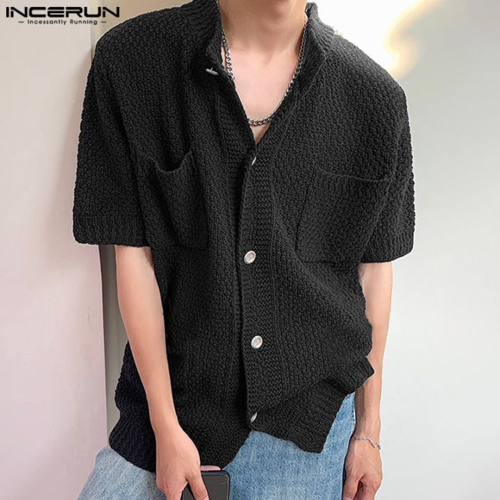 Incerun Mens Short Sleeve Sheer See Through Crochet Shirt Casual Loose Holiday Button Up Tops