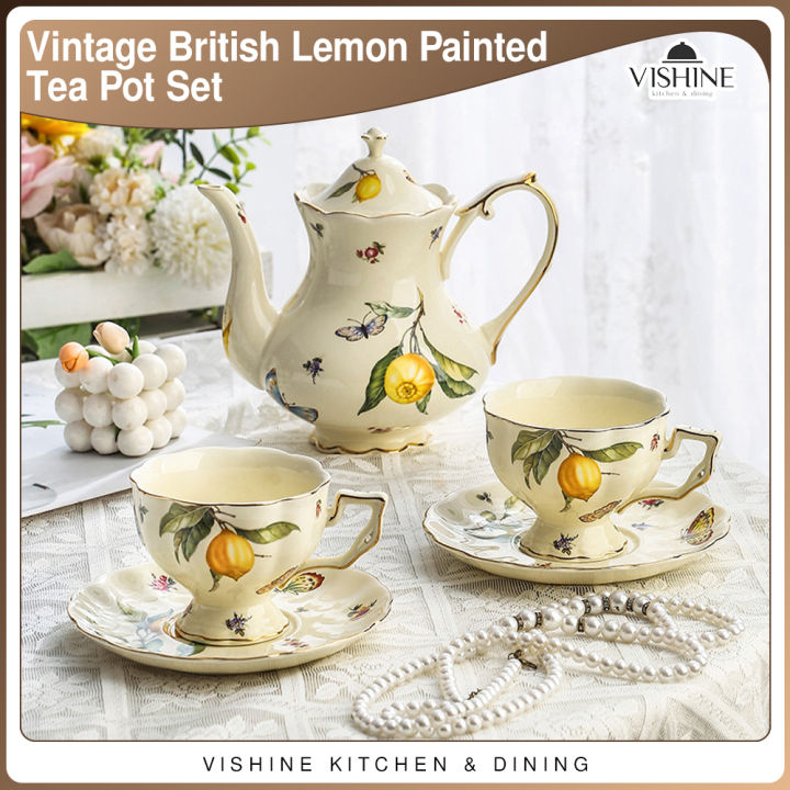 VISHINE Vintage British Palace Ceramic Lemon Painted Tea Pot Coffee Pot Tea  Cup Coffee Saucer Tableware
