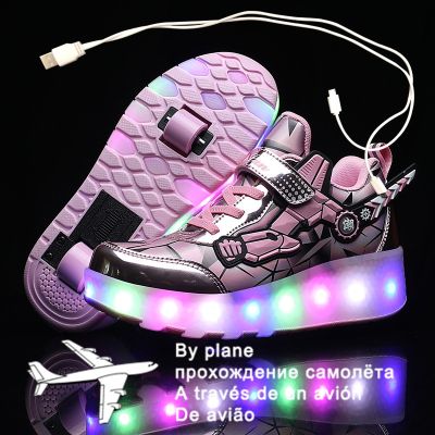 ✆ New Pink USB Charging Fashion Girls Boys LED Light Roller Skate Shoes For Children Kids Sneakers With Wheels Two wheels