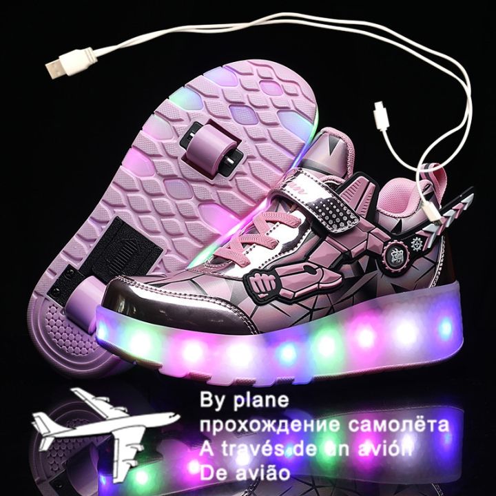 new-pink-usb-charging-fashion-girls-boys-led-light-roller-skate-shoes-for-children-kids-sneakers-with-wheels-two-wheels