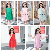 Girls Dress Cotton+Linen Fashion Concise Sleeveless Midi Dress 100-160cm for Spring Summer