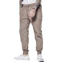 Mens Linen Pants Striped Regular Tapered Cargo Pants Elastic Waist Drawstring Cotton Linen Trousers Jogger Fitness Running Pants