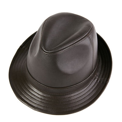 LA SPEZIA Men Fedora Hat Real Leather Sheepskin Dark Brown Jazz Hat Male Autumn Winter High Quality Mens Flat Top Cap