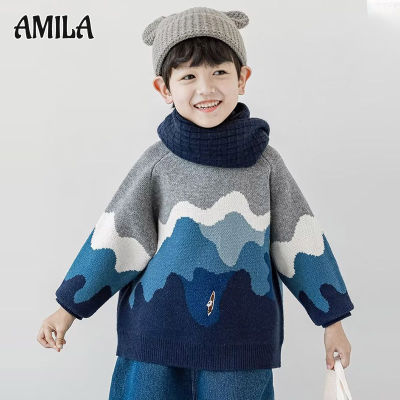 AMILA เสื้อสวมหัวเสื้อกันหนาวเด็กผู้ชาย เสื้อแขนยาวคอกลมของเด็กเสื้อถักเกาหลีฤดูหนาวสำหรับเด็กชายขนาดกลางและขนาดใหญ่