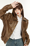 SEZO Korean Women s Clothing Y2k Fashion Coffee PU Leather Jacket Cardigan