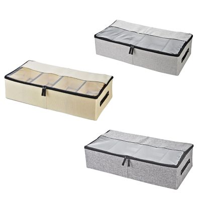 Under Bed Storage Bins Containers Large Foldable Shoe Storage Organizers with Clear Lid, 2-Way Zippers