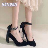 RENBEN Cross-strap high-heeled stiletto โบว์ริบบิ้นปลายแหลมใหม่รองเท้าเดี่ยวคุณภาพสูงพิเศษ V725