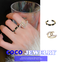 COCOJEWELRY Xiaoxiangfeng แหวนตัวอักษรไข่มุกแหวนสองชั้นสีดำผู้หญิงแฟชั่นชนกลุ่มน้อยชาวเกาหลีดีไซน์เรียบง่าย