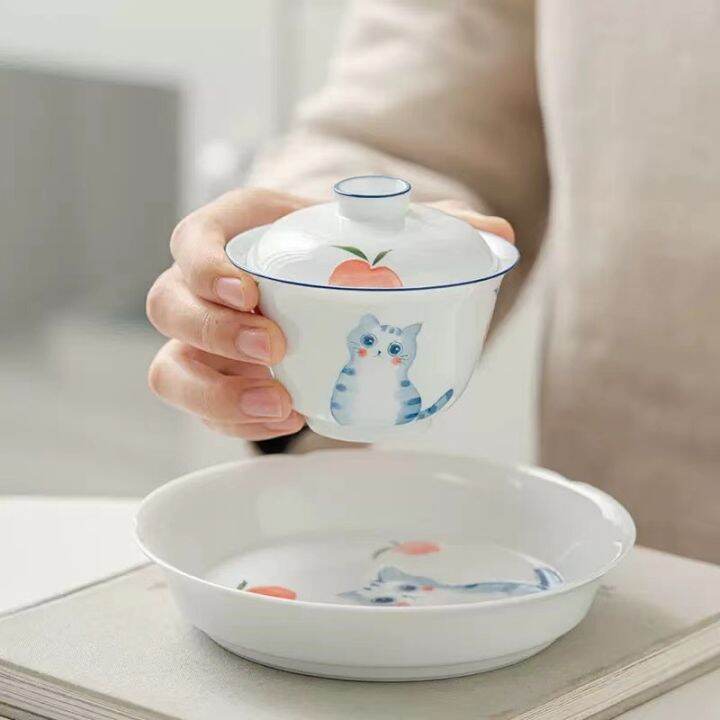 มือวาดแมวหม้ออบเซรามิกเดียว-gaiwan-หม้ออบครัวเรือนชามชงชาพอร์ซเลนสีขาวกังฟูชุดชา-gaiwan-ชุด