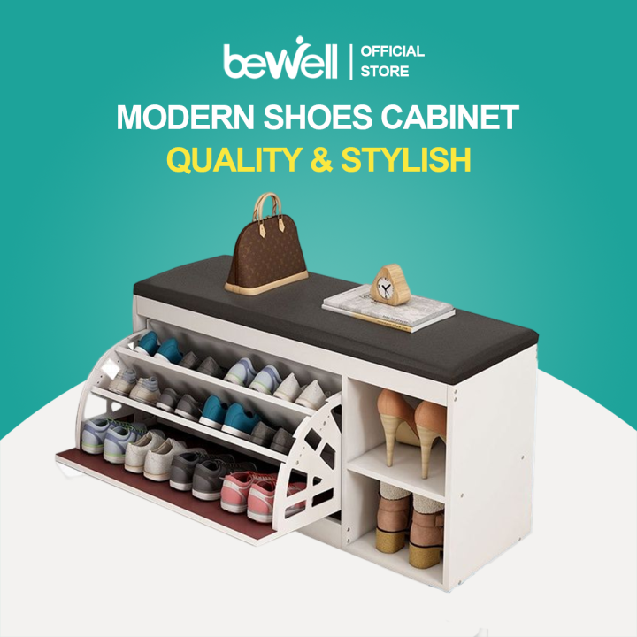 Bewell Shoe with Seat Cushion Wooden Shoe Locker Table Tipping