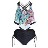 ✨Locafollow Women Boh Print Push-Up Padded Overlay Flounce Crisscross Tankini Swimwear