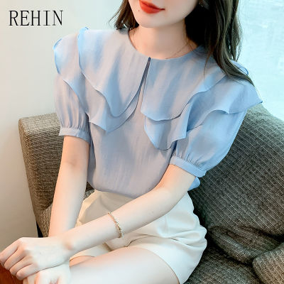 REHIN Women S Top French Sweet Chic Gentle Ruffle Doll Collar Short Sleeve Shirt Elegant Blouse