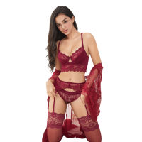 Sexy lace thin cotton cup breast bra set (bra+panty+garter belt +stocking) 4pieceslots Lingerie Set