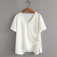 【มีไซส์ใหญ่】Plus Size XL-4XL V-neck Knitted Summer Shirts Oversized Slim Irregular Female Tops Short Sleeve White Black Summer Top