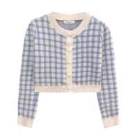 Plaid Round Neck Knitted Cardigan Short Korean Style Long Sleeves
