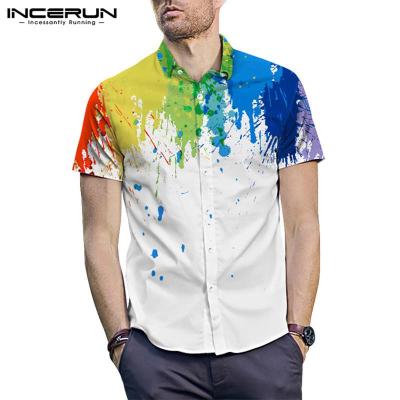 INCERUNเสื้อเชิ้ตฮิปปี้พิมพ์ลายสำหรับผู้ชาย,เสื้อพิมพ์ลายสายรุ้งหลากสีเสื้อเชิ้ตเสื้อแขนสั้นใส่ออกงานแฟนซี