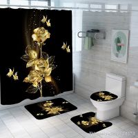 【hot】✸  Gold Set Luxury Shower Curtain with Rug for Toilet Accessories 4pcs